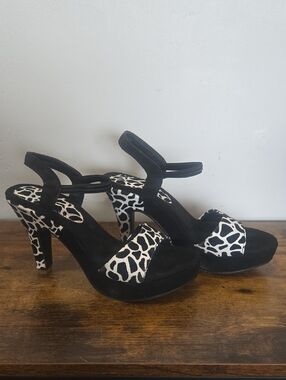 Black & White Animal Print Platform Heels - Women's Sandals